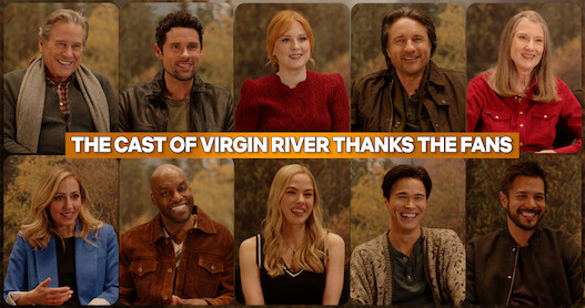 From top left to bottom right, the cast of Virgin River including Tim Matheson, Ben Hollingsworth, Alexandra Breckenridge, Martin Henderson, Annette O'Toole, Zibby Allen, Colin Lawrence, Sarah Dugdale, Kai Bradbury, and Marco Grazzini.