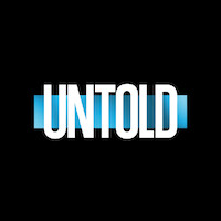White bold text "UNTOLD" on a black background with a blue gradient rectangle behind the letters, modern and minimalistic graphic design.