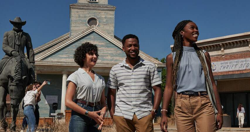 A few main characters explore the abandoned town in the Texas Chainsaw Massacre film