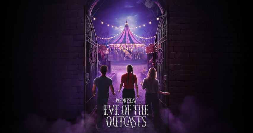 Three people enter a dark, mysterious carnival through open gates under purple lights and fog, approaching a big top tent. The mood is eerie and adventurous, with a sense of curiosity and anticipation. Title: "Eve of the Outcasts."