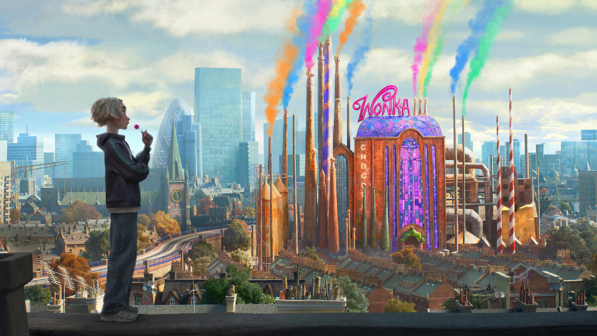 A child stands on a city rooftop overlooking a colorful, whimsical chocolate factory with rainbow smoke, surrounded by modern buildings and a bright sky.