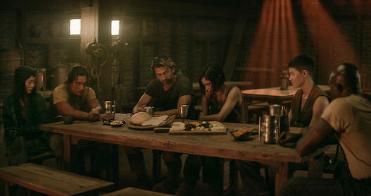 Doona Bae as Nemesis, Staz Nair as Tarak, Michiel Huisman as Gunnar, Sofia Boutella as Kora, Elise Duffy as Milius, and Djimon Hounsou as General Titus in 'Rebel Moon — Part Two: The Scargiver'