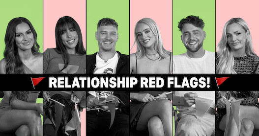 Jess, Alara, Stevan, Elys, Harry, and Micah sitting with the text "Relationship Red Flags" in front of them.