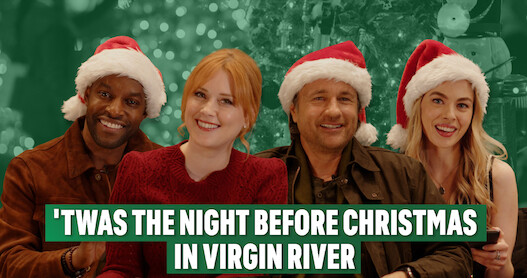 Colin Lawrence (John “Preacher” Middleton), Alexandra Breckenridge (Melinda “Mel” Monroe), Martin Henderson (Jack Sheridan), and Sarah Dugdale (Lizzie) wearing Santa caps in front of a festive green backdrop.
