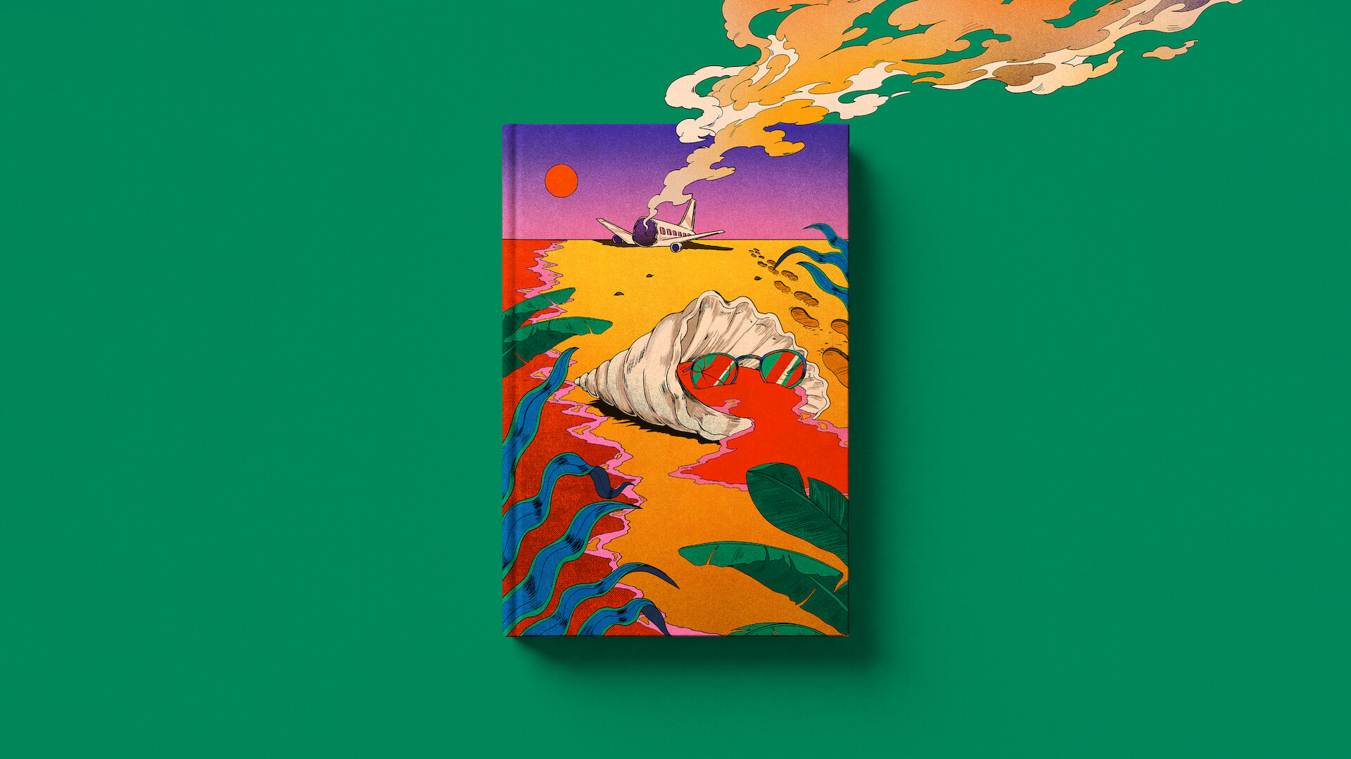 Colorful book cover with a seashell wearing sunglasses on a vibrant beach, tropical plants in the foreground, a boat on the sea, orange sun in the sky, and whimsical smoke rising; set against a green background.