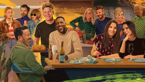 An illustration of Gordon Ramsey in his kitchen surrounded by friends and family at his dream dinner party.