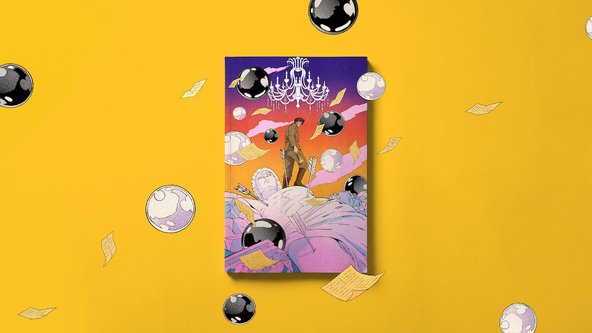 Surreal illustration of a person standing on clouds beneath a chandelier, with floating black-and-white spheres and scattered papers, set against a vibrant purple-orange sky on a yellow background.