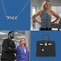Uma arte gráfica de Kate Hudson como Isla e alguns acessórios de moda na temporada 1 de ‘A Dona da Bola’.