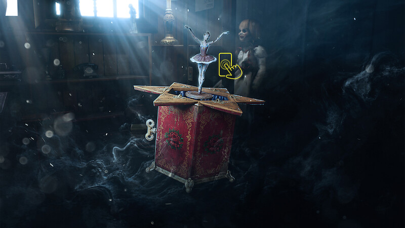 A ballerina figurine on a vintage music box in a dusty, dimly lit room with rays of light, an eerie figure in the background, and a mysterious atmosphere suggesting suspense or horror.