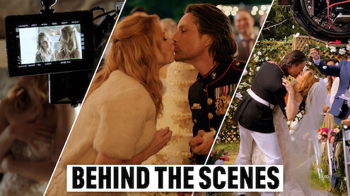 From left to right, a triptych of a camera monitor filming Jenny Cooper and Alexandra Breckenridge on set, Jack and Mel kissing in front of their wedding cake, and Jack and Mel embracing after the ceremony.