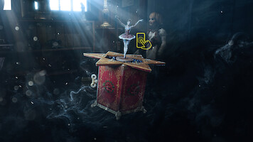 A ballerina figurine on a vintage music box in a dusty, dimly lit room with rays of light, an eerie figure in the background, and a mysterious atmosphere suggesting suspense or horror.