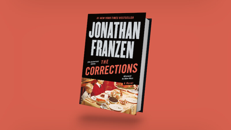 Jonathan Franzen’s novel "The Corrections" 20th Anniversary Edition book cover, showing a family at a holiday dinner table, set against an orange background.