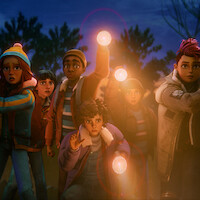 Animated group of kids in outdoor night setting, wearing jackets and hats, holding flashlights and looking ahead with concerned expressions, surrounded by trees under a dark blue sky.
