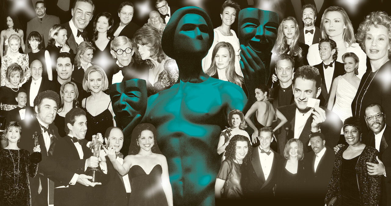 Collage of black and white archival photos of actors from the inaugural Screen Actors Guild Awards.