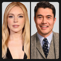 Split-screen portrait showing a blonde woman in a low-cut black top on the left and a man with dark hair in a plaid suit and tie on the right, both posing against a plain gray background.