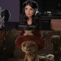 A woman in a recording studio wears headphones and sits at a microphone. Below, Chopper, an animated reindeer character with a large red hat stands in a warmly lit room with wooden furniture in the background.