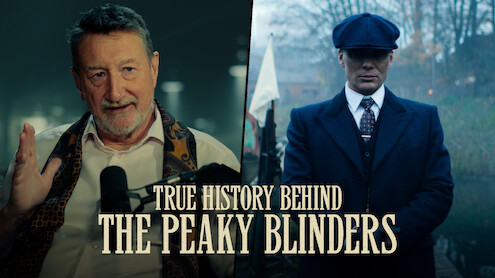 Steven Knight telling a story sharing the screen with an image of Tommy Shelby from the show Peaky Blinders