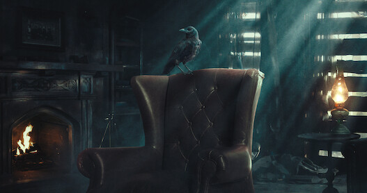 Raven on a chair in The Fall of the House of Usher.