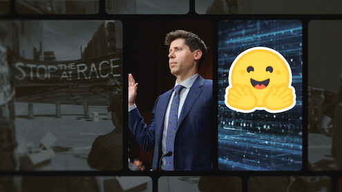 A man in a suit raising his right hand in a formal setting, next to a smiling emoji with open arms on a digital background, with protest signs visible in the surrounding collage.