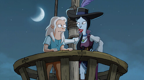 Abbi Jacobson as Bean and Tress MacNeille as Oona stand in the crow's nest of a ship in 'Disenchantment: Part 5.'