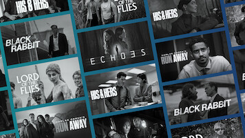 Collage of various TV show and movie promotional images including titles like Black Rabbit, His & Hers, Lord of the Flies, Echoes, and Run Away, with diverse characters displayed in dramatic settings.
