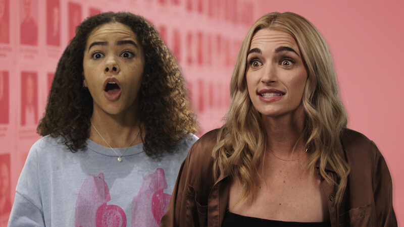 Still of Antonia Gentry and Brianne Howey against a pink background
