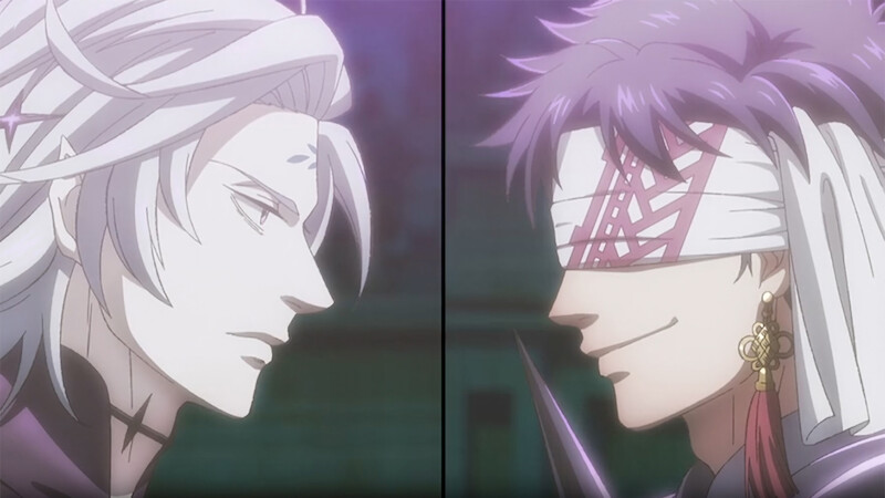 Animated split screen of two men facing each other in 'Record of Ragnarok III'