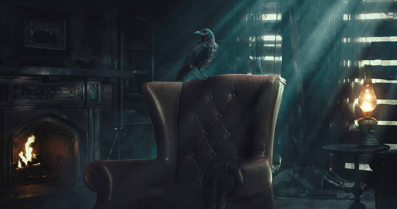 Raven on a chair in The Fall of the House of Usher.