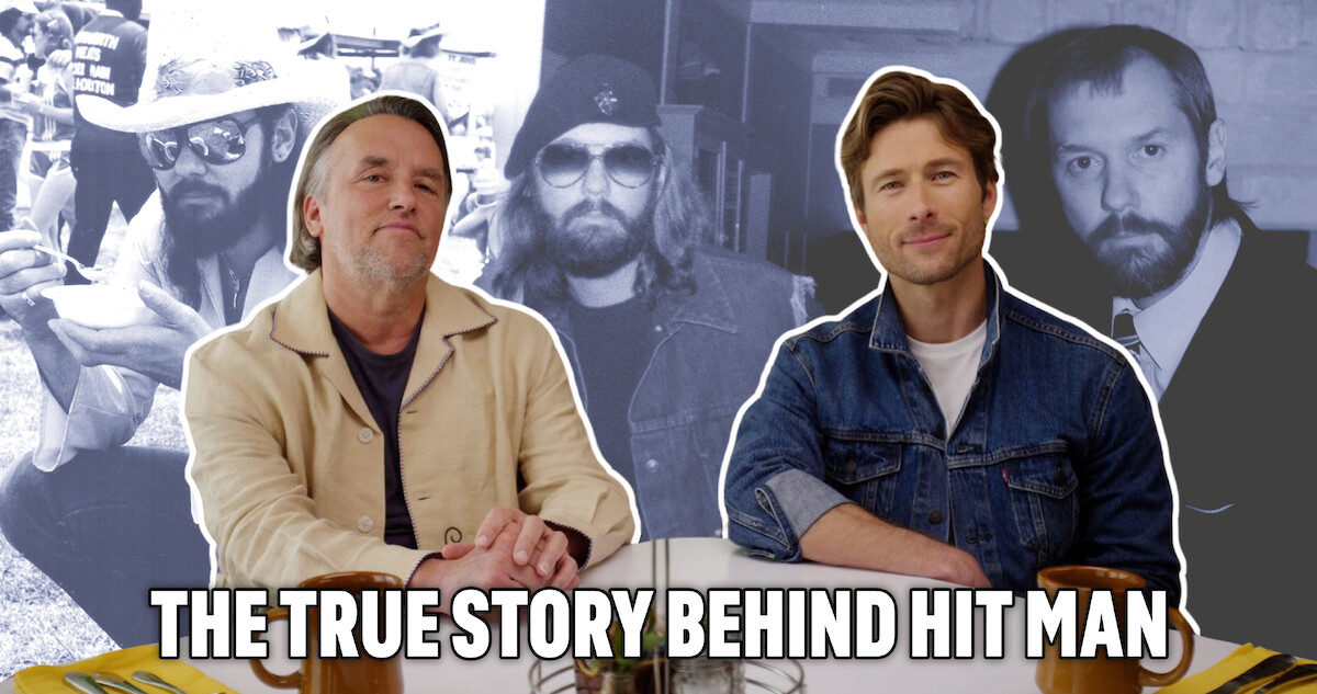 Richard Linklater, left, sitting at a diner table with Glen Powell. The backdrop is photos of the real Gary Johnson.