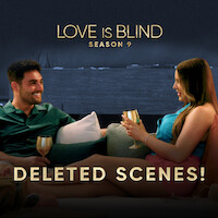 Joe and Madison sit on a couch with drinks, chatting in a cozy, modern room. The mood is relaxed and intimate. "Love is Blind Season 9 Deleted Scenes" text is overlaid on the image.