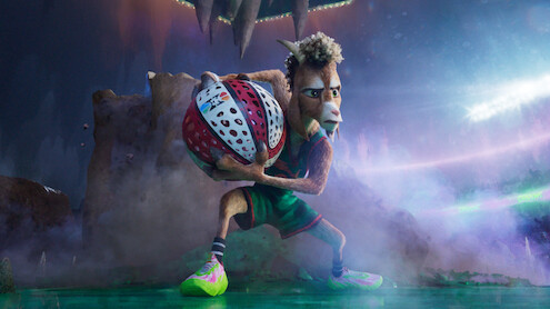 Animated anthropomorphic goat in basketball uniform grips a basketball on a futuristic, misty court with rocky background and dramatic lighting, ready to play in a high-energy game setting.