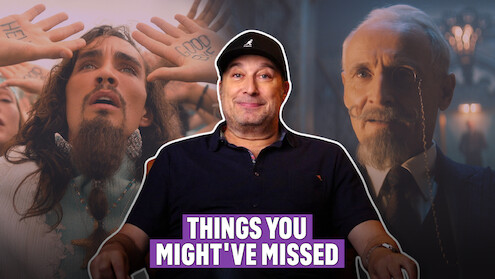 Steve Blackman smiling in a black shirt placed in front of stills of Klaus and Sir Reginald Hargreeves, characters in 'The Umbrella Academy'