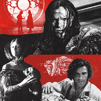 A collage of dramatic scenes showing a woman in period dress, a bloodied figure, a man beside a humanlike machine, and surreal sketches, all set in a dark, intense atmosphere with red and black tones.