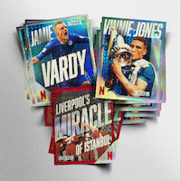A stack of sports-themed Netflix trading cards featuring Jamie Vardy, Vinnie Jones holding a trophy, and Liverpool's Miracle of Istanbul, displayed in a bright, clean studio environment.