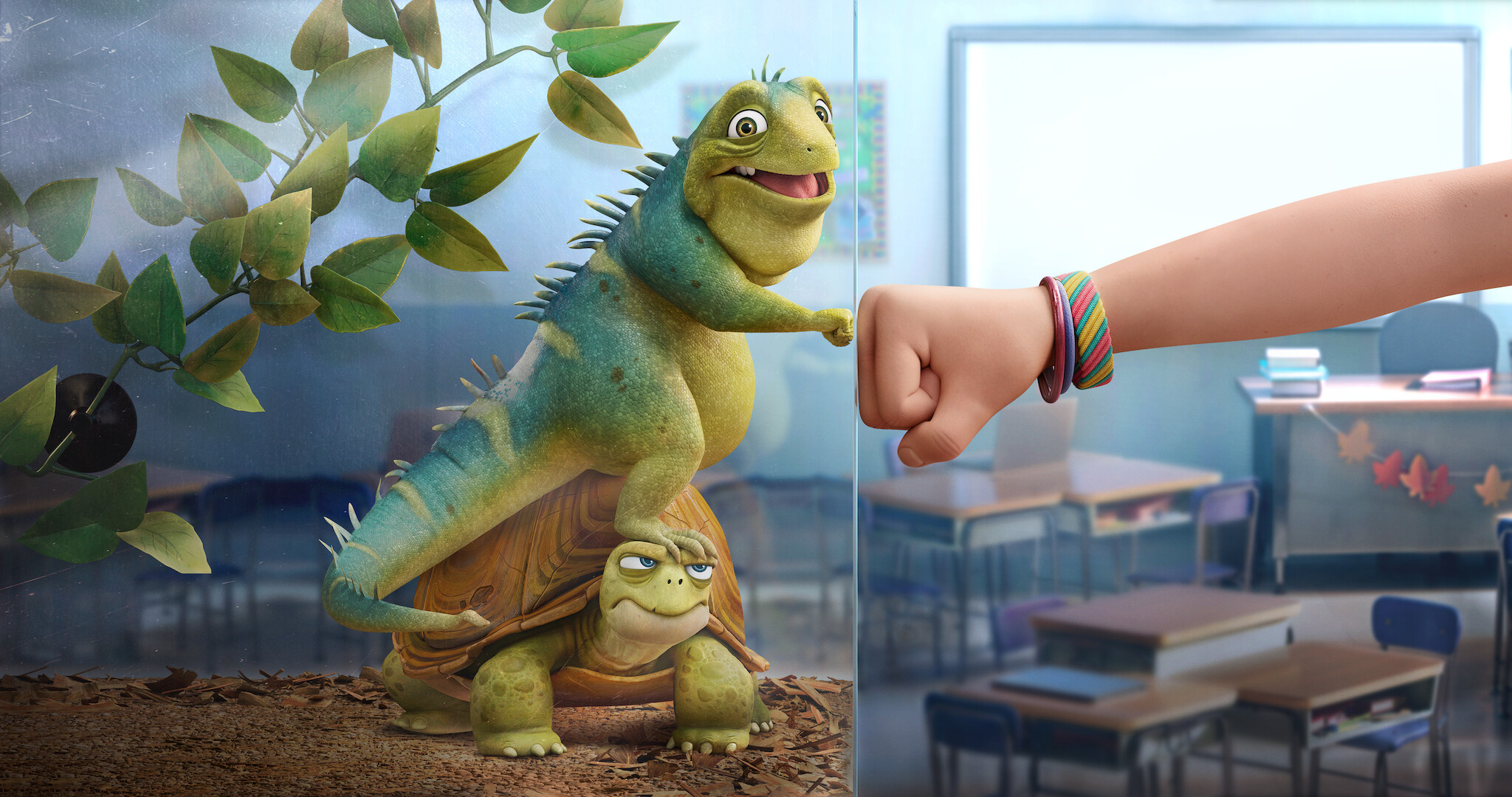 Leo doing a fist bump with a kid on the other side of his aquarium. 