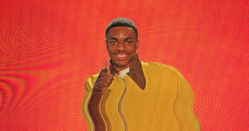 Vince Staples smiles with a screen distortion over the image