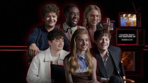 Gaten Matarazzo, Caleb McLaughlin, Jamie Campbell Bower, Noah Schnapp, Natalia Dyer, and Charlie Heaton behind the scenes of 'Stranger Things 5'