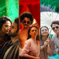 Three pairs of people in different vibrant settings: a close romantic couple, a dramatic duo with a retro vibe, and a smiling pair under an umbrella, all separated by swirling colorful backgrounds.