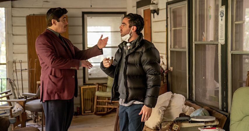 Benicio Del Toro and director Grant Singer in a still from the set of 'Reptile.'
