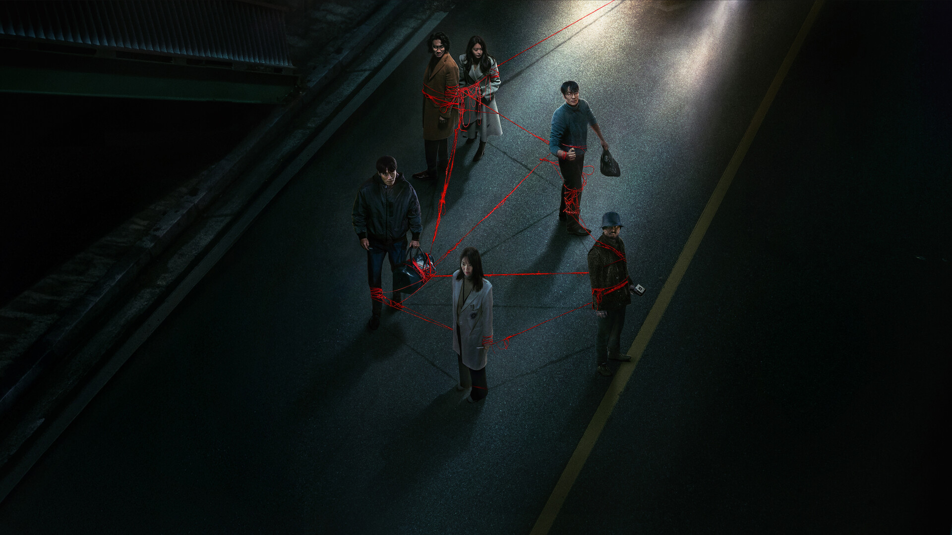 Karma key art - Several people standing in the shadows connected by a thin red line