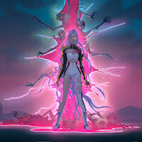 Rumi, de ‘Guerreiras do K-Pop’, está de pé e confiante em uma paisagem surreal e luminosa. Uma forma abstrata de espírito ou energia, com vários braços e vários rostos, ergue-se dramaticamente atrás dela, com efeitos de luz neon e montanhas ao fundo.