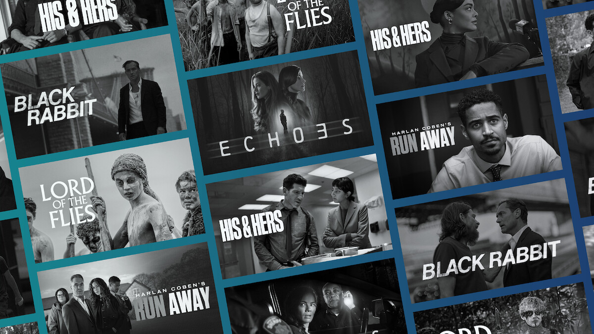 Collage of various TV show and movie promotional images including titles like Black Rabbit, His & Hers, Lord of the Flies, Echoes, and Run Away, with diverse characters displayed in dramatic settings.