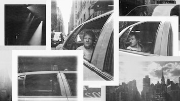 Collage of black and white photos featuring a pensive person in a taxi, urban city scenes, dramatic lighting, and skyline views, capturing a reflective and moody atmosphere in a bustling metropolitan environment.