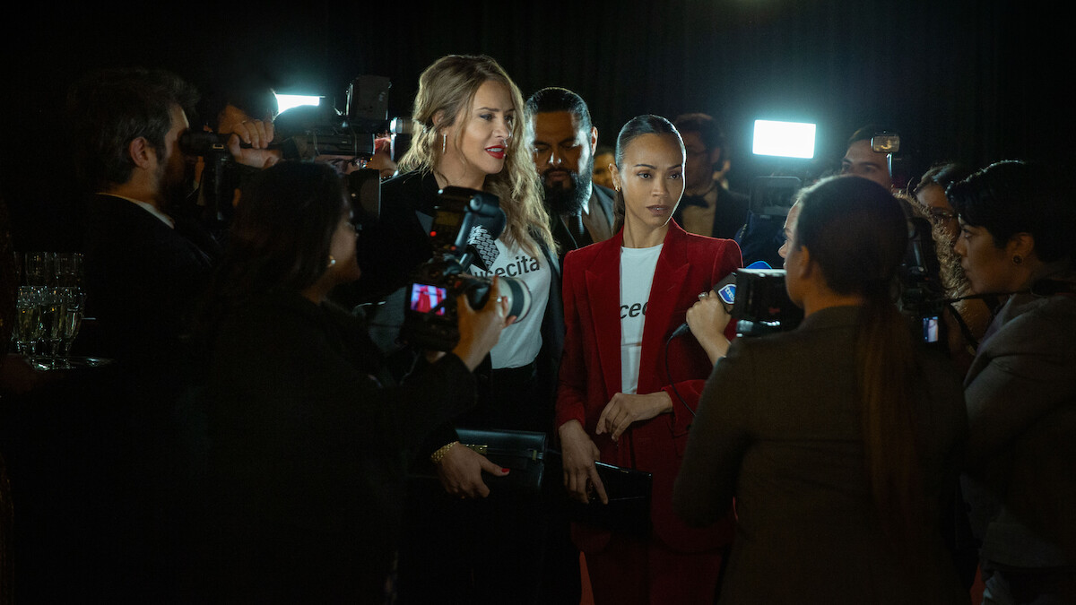 Karla Sofía Gascón as Emilia Pérez and Zoe Saldaña as Rita Moro Castro in 'Emilia Pérez.'