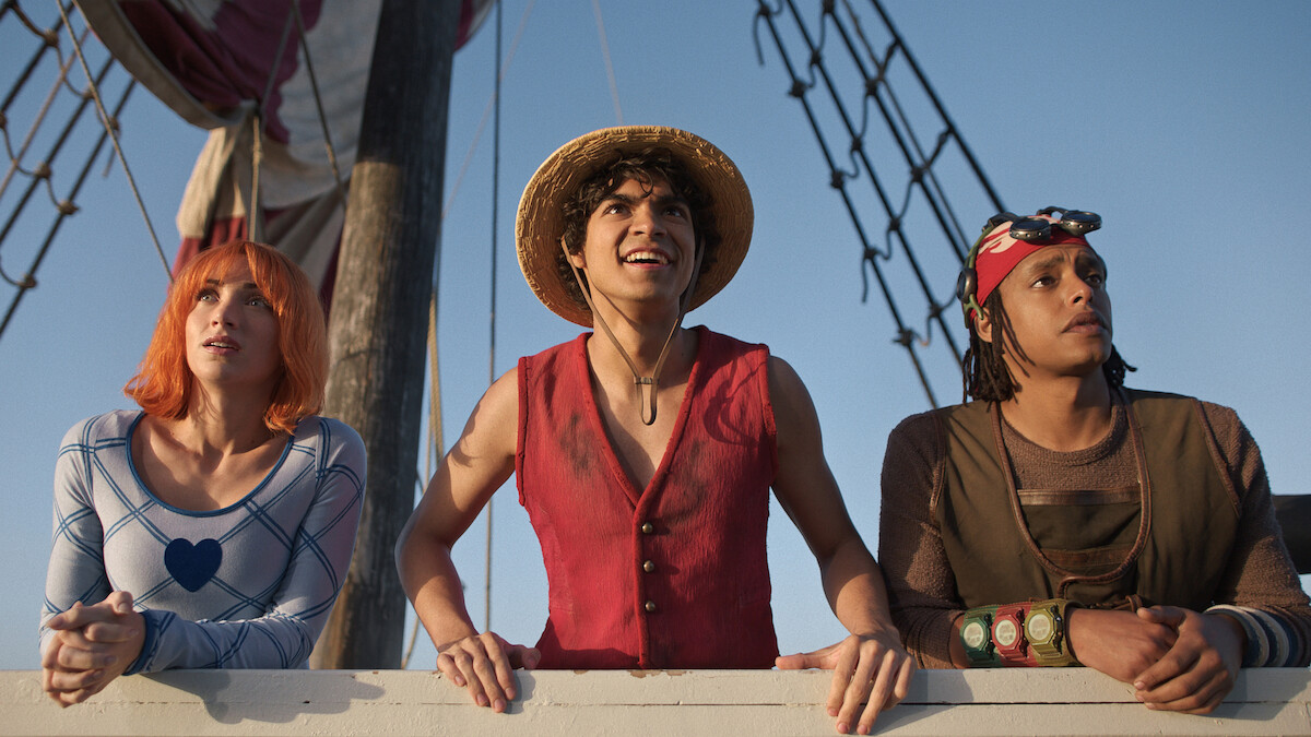 Emily Rudd as Nami, Iñaki Godoy as Monkey D. Luffy, and Jacob Romero as Usopp in Season 2 of 'One Piece.'