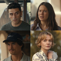 Four people shown in separate squares: a concerned man indoors, a worried woman indoors, a young man in a cap outdoors, and a sad woman holding a plastic bag outside, each in different settings and lighting.