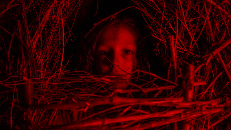 A child’s face illuminated by red light, looking through a dense, circular arrangement of woven sticks in a dark, mysterious setting.