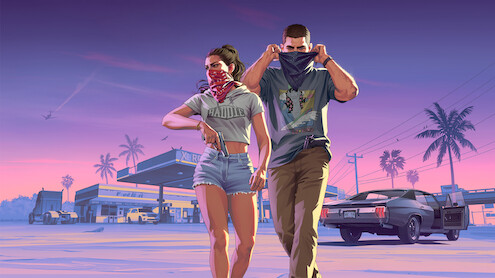 Two people with bandanas preparing for a heist near a gas station at sunset. Palm trees, a parked muscle car, police, and a pink-purple sky create a dramatic, stylized urban scene.
