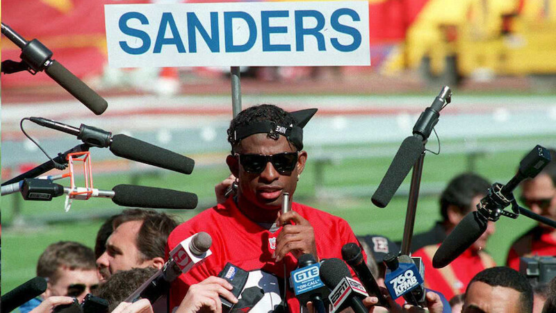 Deion Sanders during a press conference.