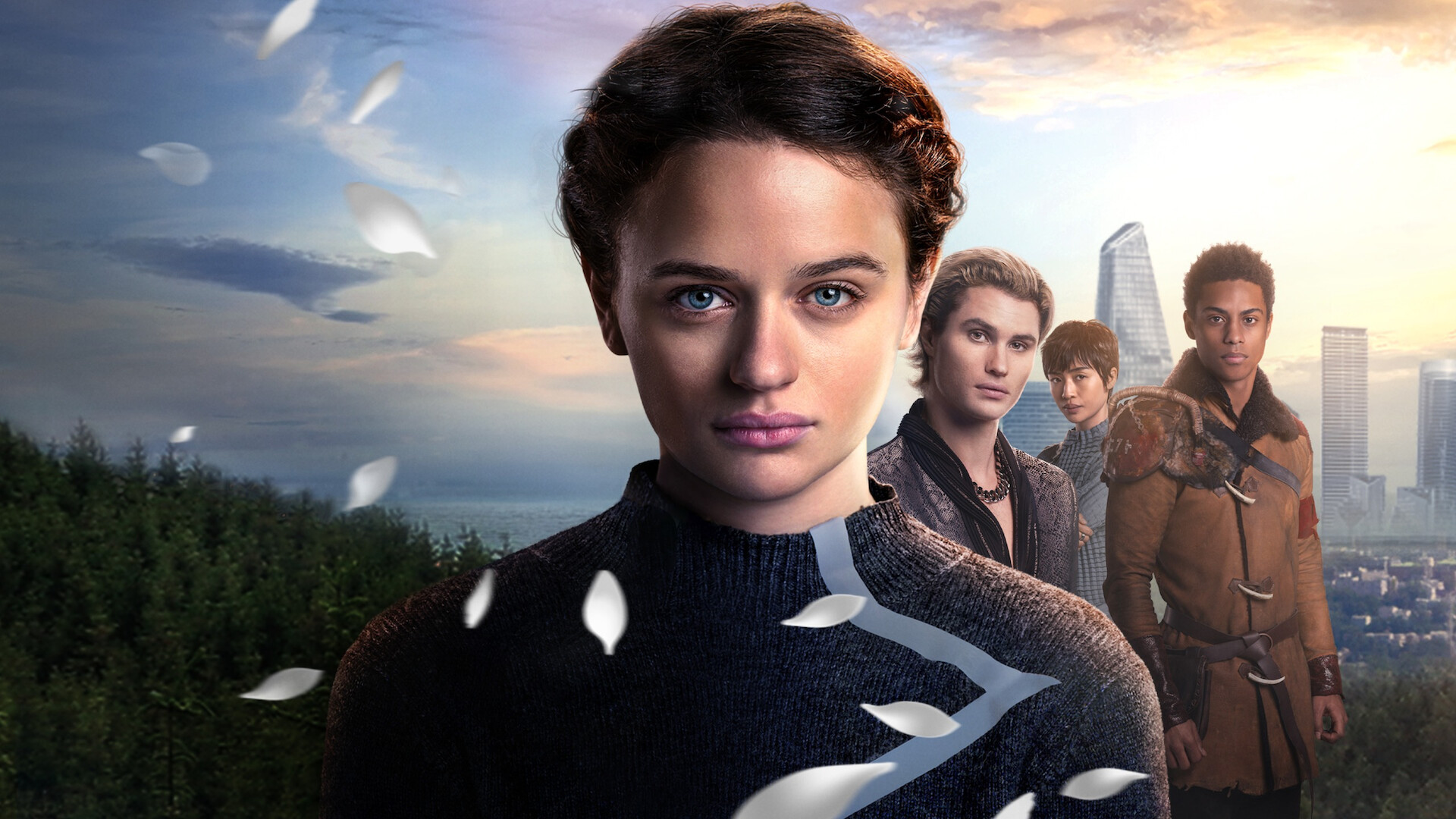 the cast looks into the camera with a city seen in the distance 